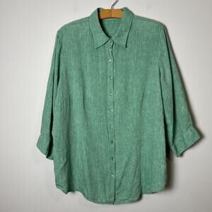 Coldwater Creek 100% Linen Blouse 3/4‎ Sleeve Size 2X Green Button Up Breathable